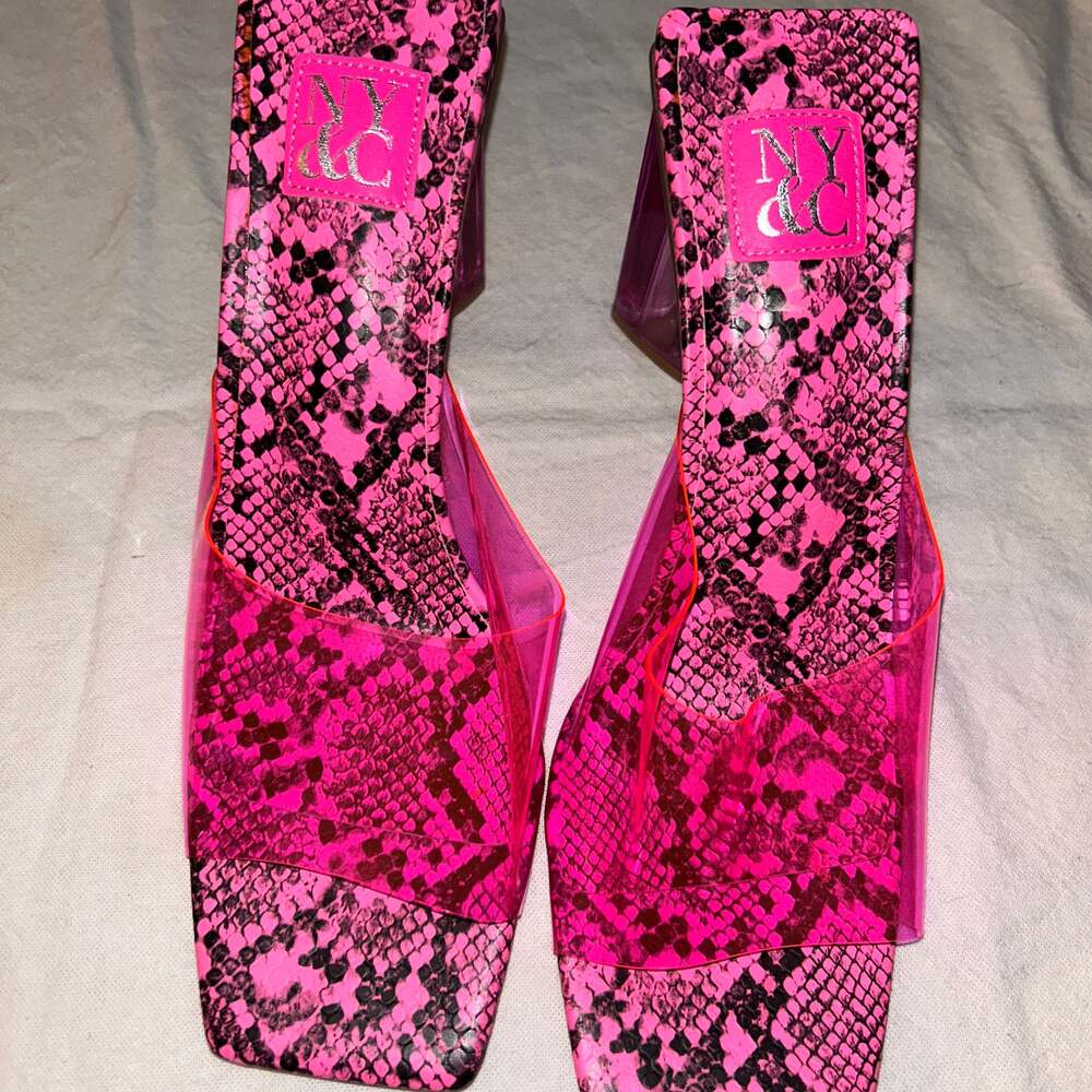 New York & Company Pink Snakeskin Clear Strap Block Heel Mules